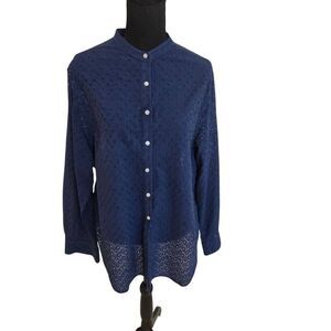 Lauren Ralph Lauren Womens Eyelet Cotton Button Front Blouse Navy Blue Size 2X